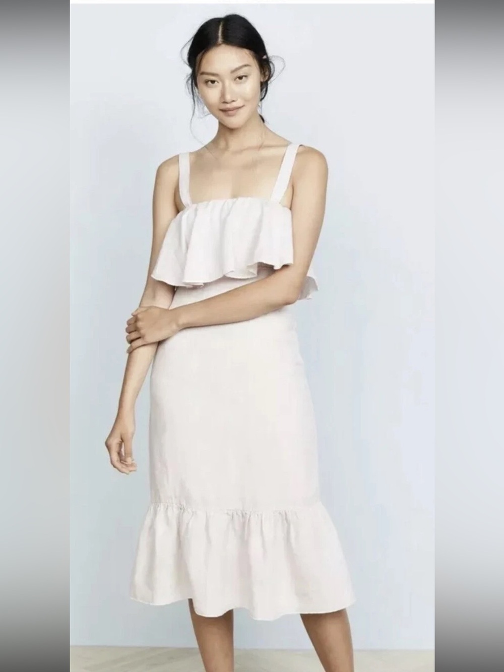Winston White Verona Pale Blush/Light Tan Ruffled Linen Midi Dress - Size S